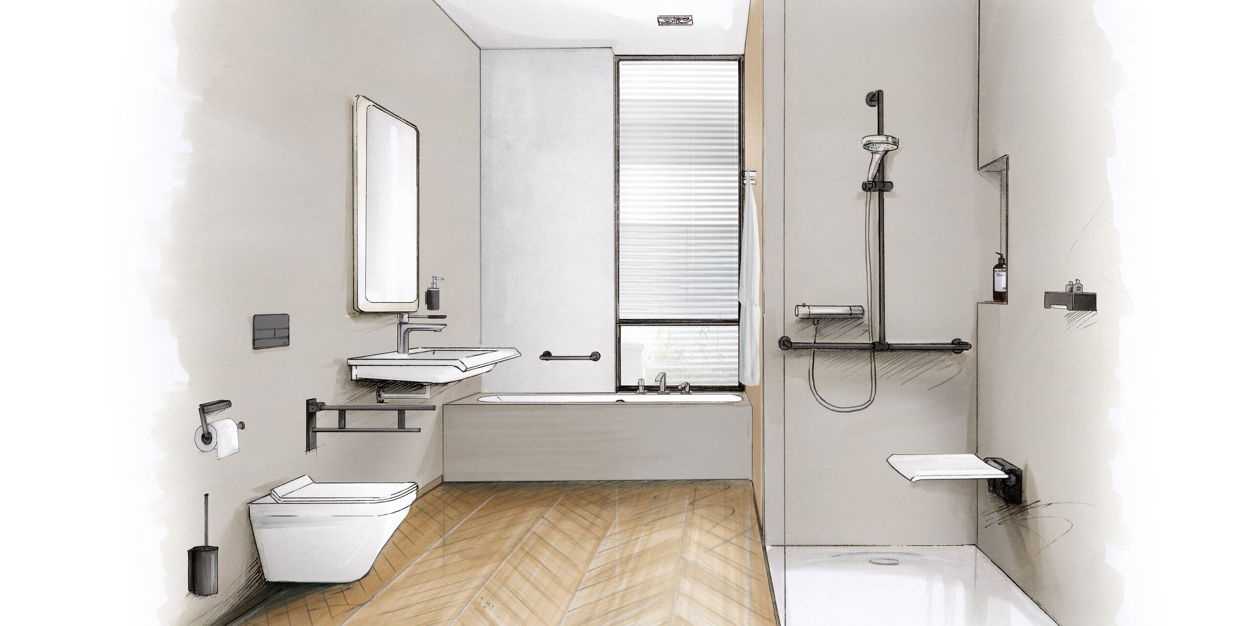 Zeichnung eines barrierefreien Bads mit Waschplatz, Duschbereich und WC ausgestattet mit HEWI System 900 in Schwarz