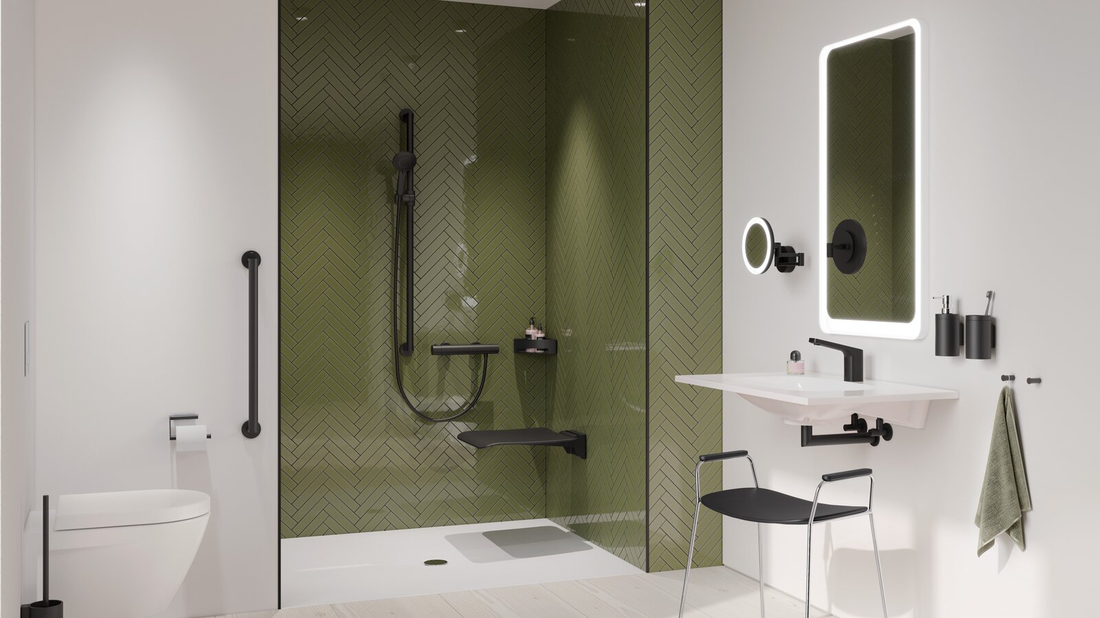 HEWI barrierefreies Bad System 900 Schwarz matt Barrierefreies Bad mit Waschplatz, Duschbereich und WC ausgestattet mit HEWI System 900 und Duschhocker in Schwarz matt