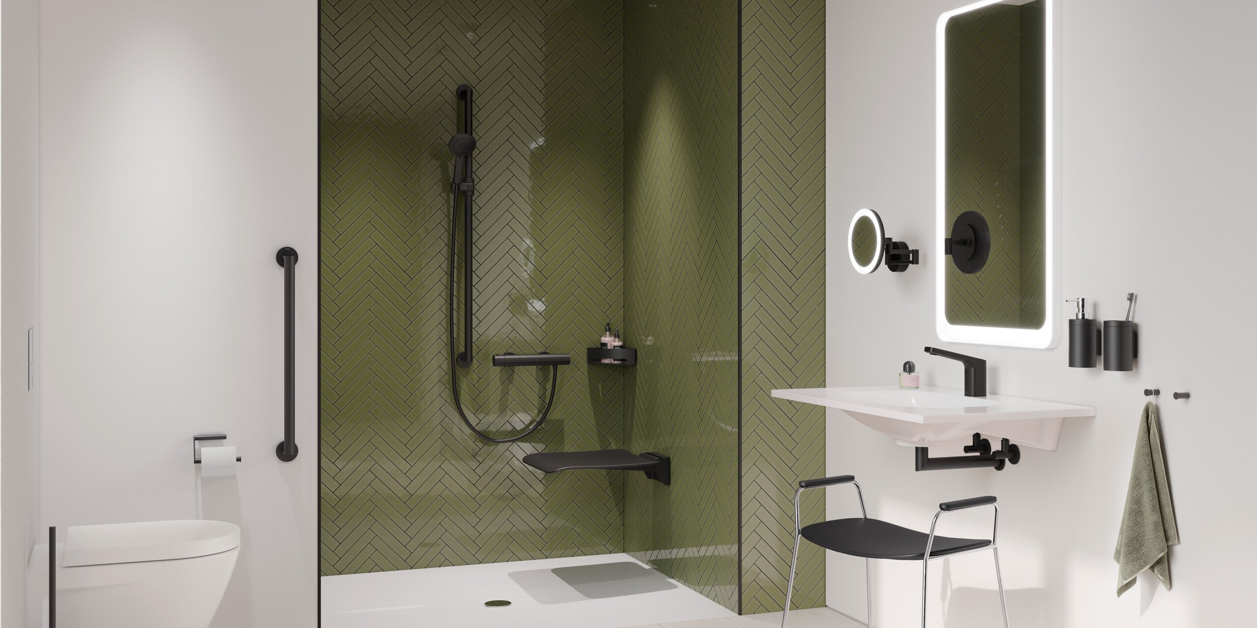 Barrierefreies Bad mit Waschplatz, Duschbereich und WC ausgestattet mit HEWI System 900 und Duschhocker in Schwarz matt 