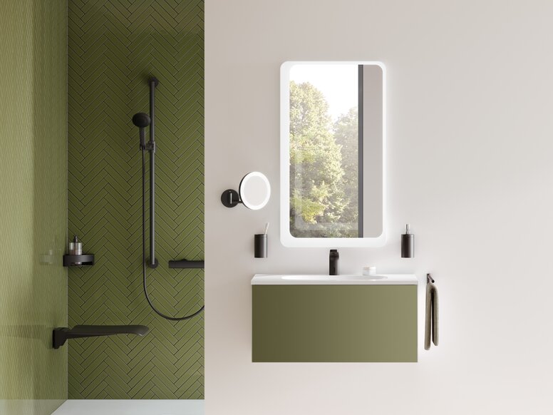 Duschbereich und Waschtisch mit Spiegel in System 900