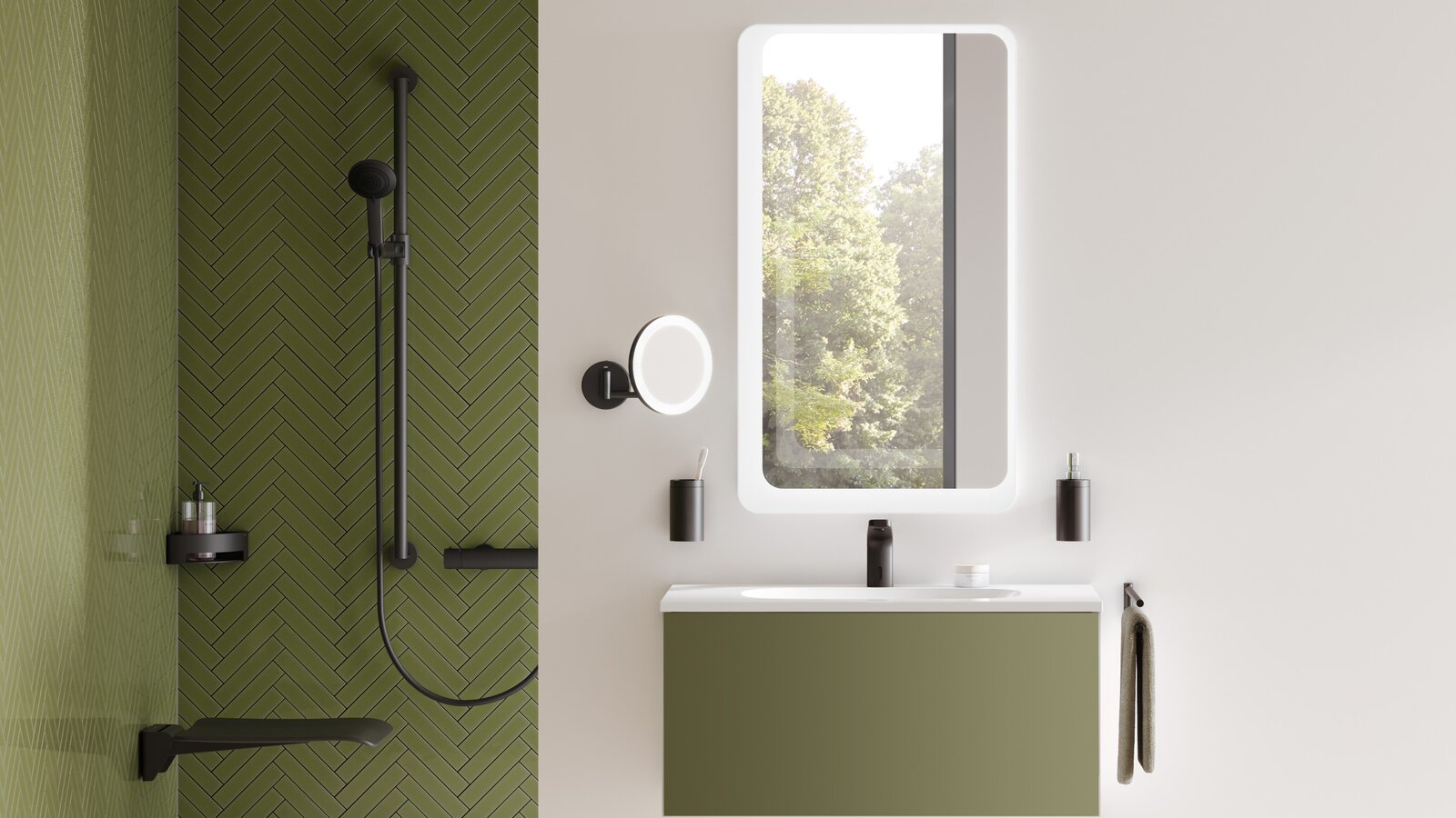 HEWI Home System 900 Duschbereich und Waschtisch mit Spiegel in System 900