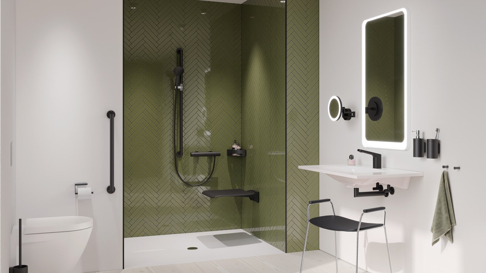 Barrierefreies Bad mit mit Waschplatz, Duschbereich und WC, ausgestattet mit HEWI Serie 900 in Schwarz matt