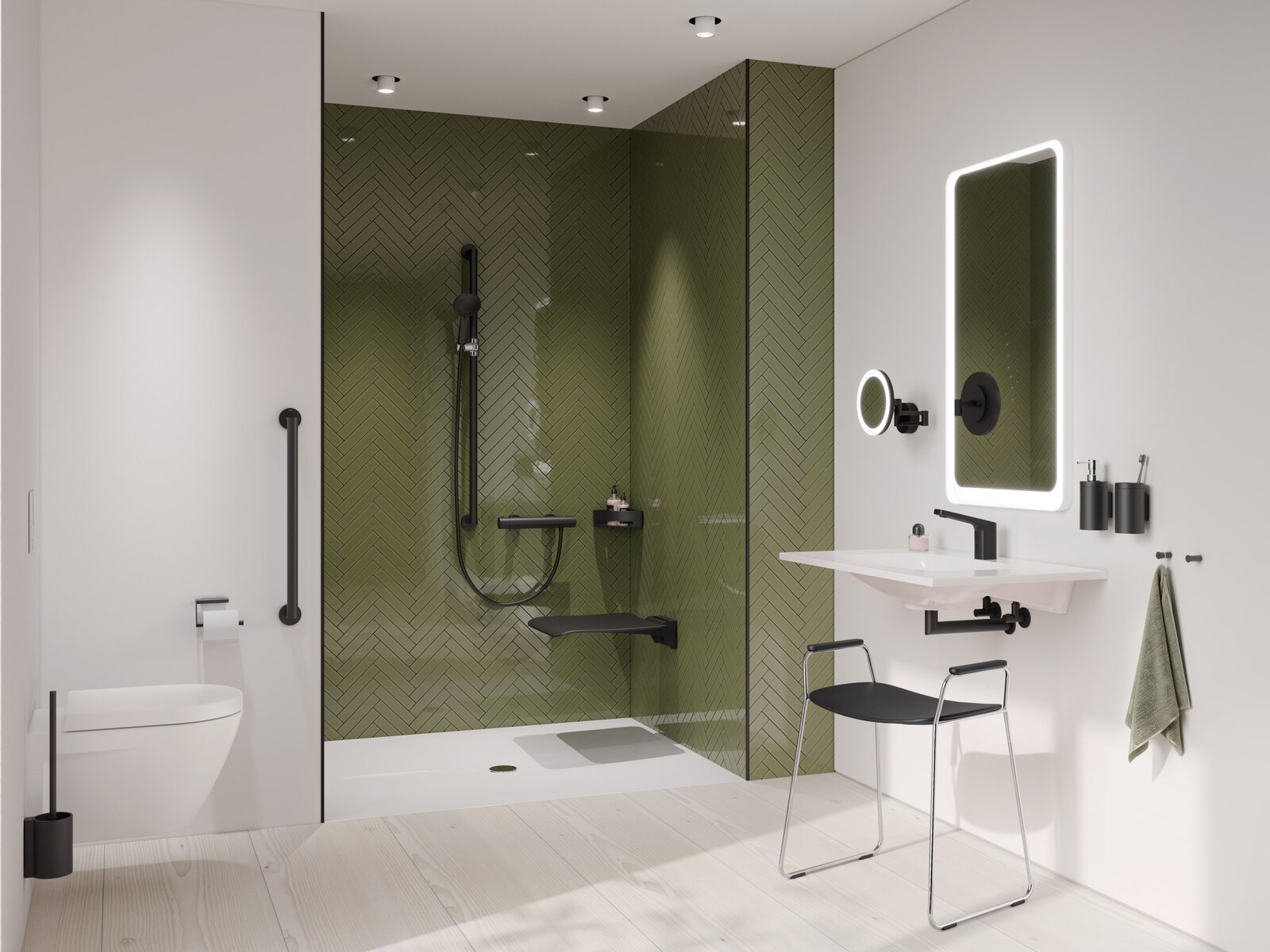Barrierefreies Bad mit mit Waschplatz, Duschbereich und WC, ausgestattet mit HEWI Serie 900 in Schwarz matt