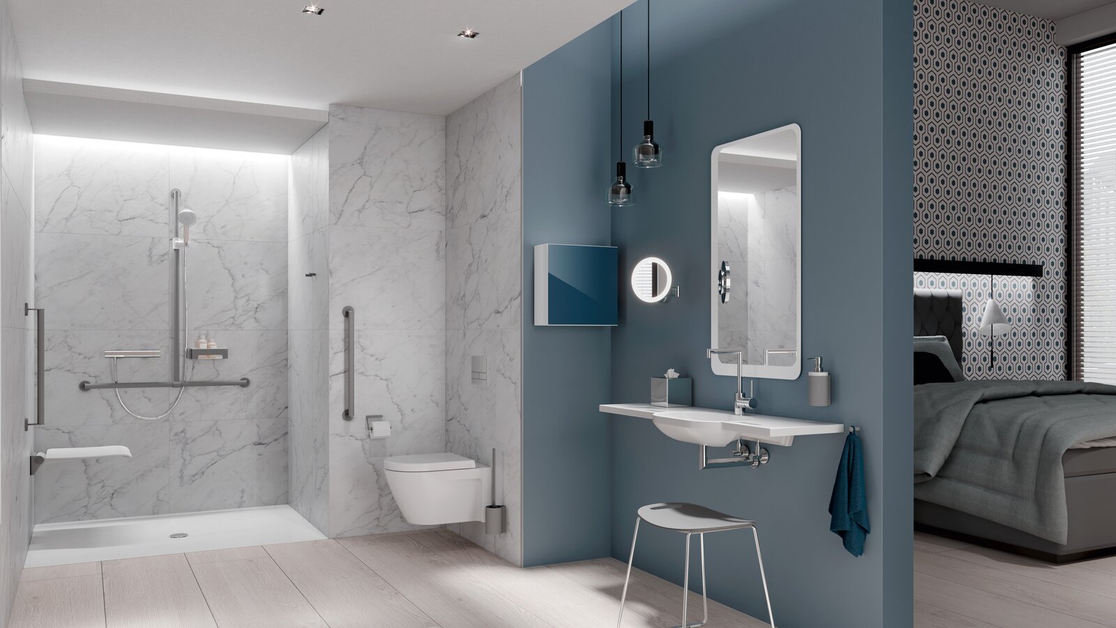 HEWI Hotel Room System 900 Barrier-free hotel bathroom with washbasin, shower area and WC