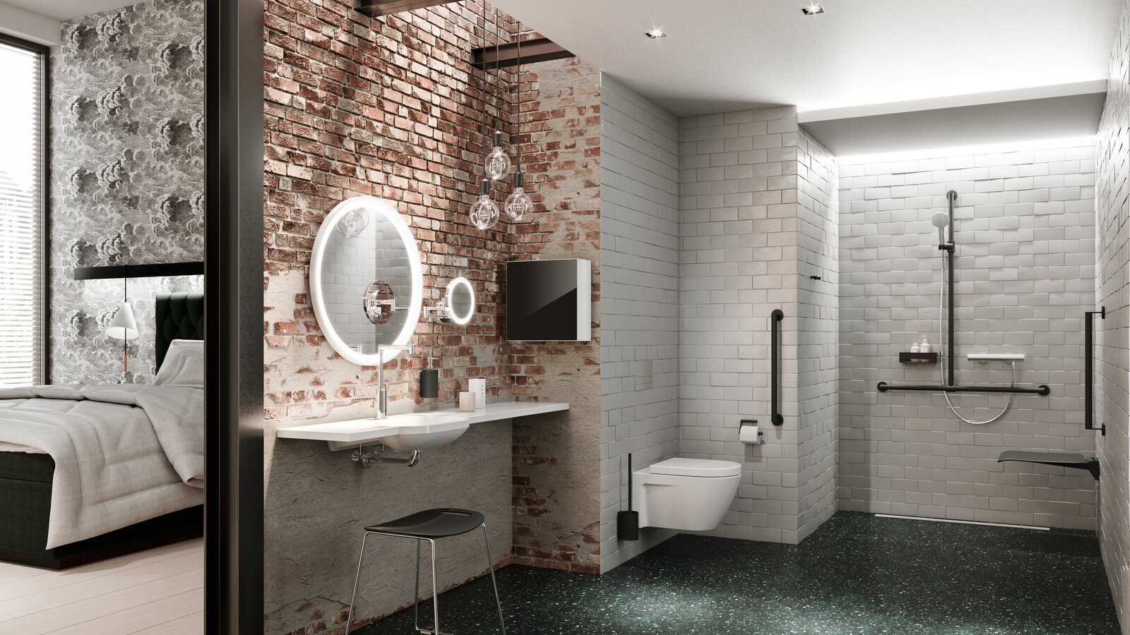 HEWI Hotelbadezimmer pulverbeschichtet Business Hotelzimmer mit System 900 von HEWI