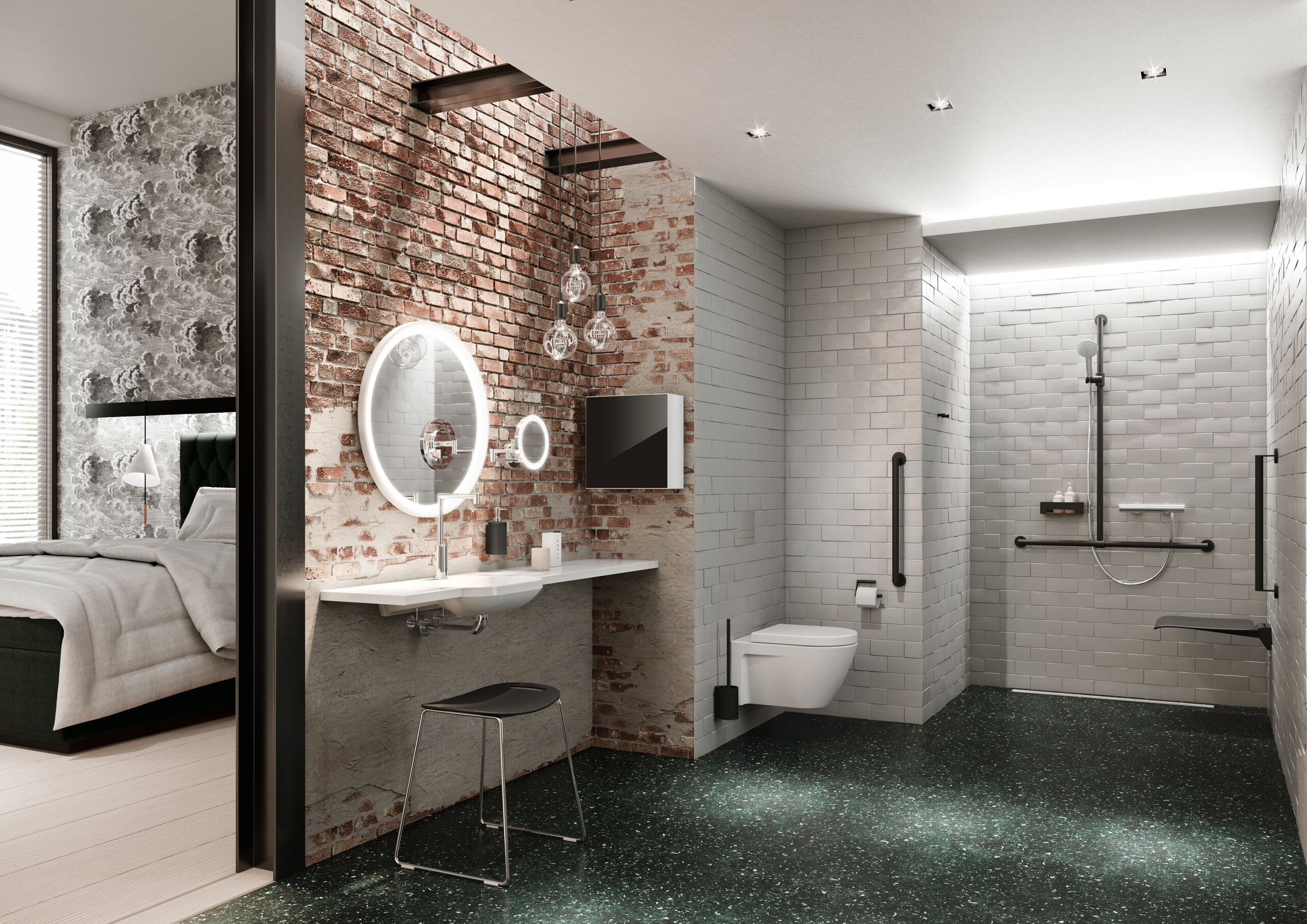 Barrierefreies Hotelbadezimmer mit Waschplatz, Duschbereich und WC, ausgestattet mit HEWI System 900 in Schwarz matt