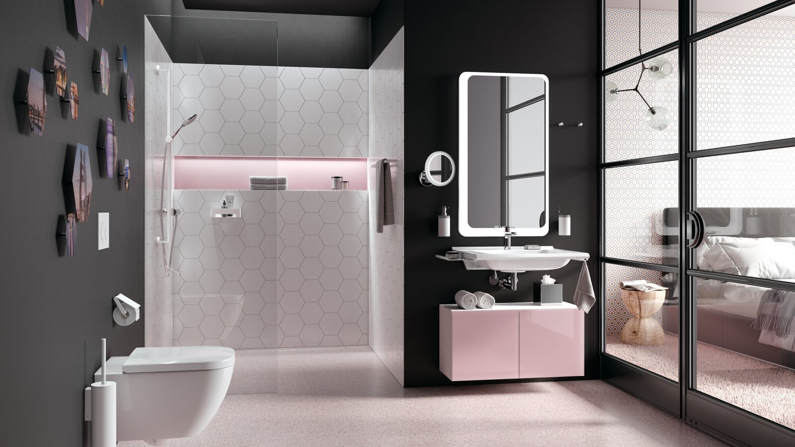 HEWI System 900 powder-coated Hotel bathroom with washbasin, shower area and WC