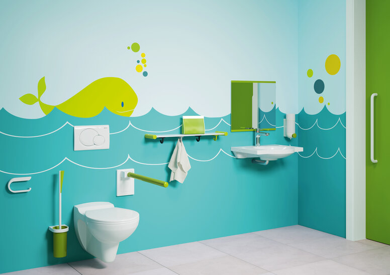 HEWI barrierefreies Bad für Kinder Serie 800 K grün Barrierefreies Bad für Kinder mit WC-und Waschbereich in blaugrün ausgestattet mit HEWI Serie 800 K in grün