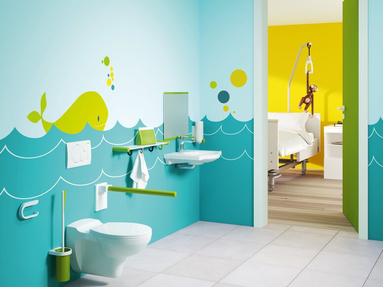 HEWI Kids - drempelvrije badkamer Barrièrevrije badkamer voor kinderen in blauwgroen