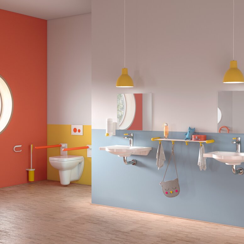 Kindergarten Bad mit farbenfroher, kindgerechter Sanitäraustattung der Serie 477/801