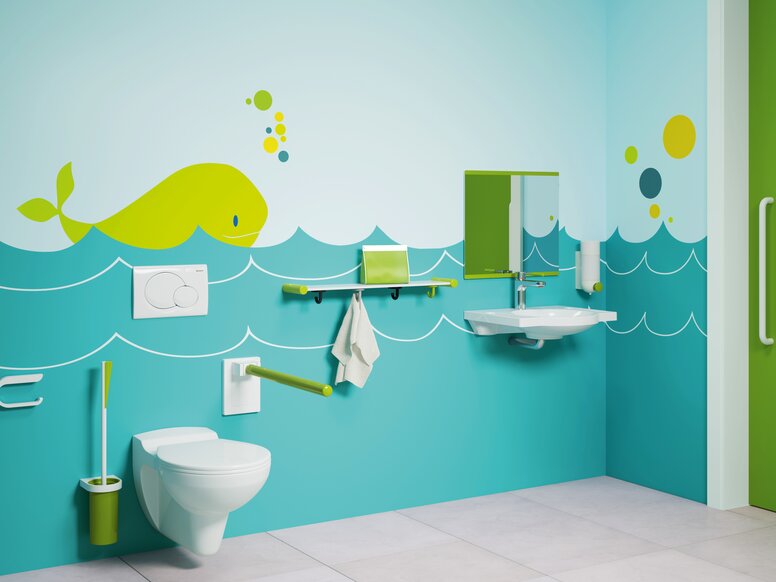 HEWI drempelvrije badkamer voor kinderen Barrièrevrije badkamer voor kinderen in blauwgroen
