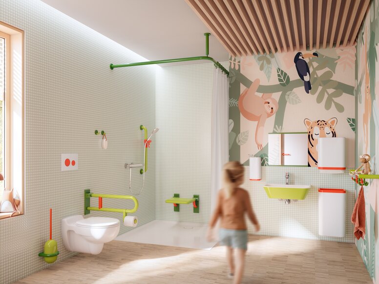 HEWI serie 477/801 ICONIC Kleurrijke en kindvriendelijke badkamer uitgerust met sanitaire accessoires in groen-, wit- en koraaltinten