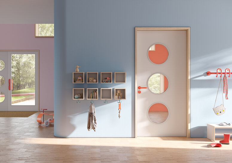 HEWI Beschläge, Garderobe und M20 Möbel für Kinder Farbefroher Kindergarten ausgestattet mit HEWI Beschlägen, Garderobe und Möbeln