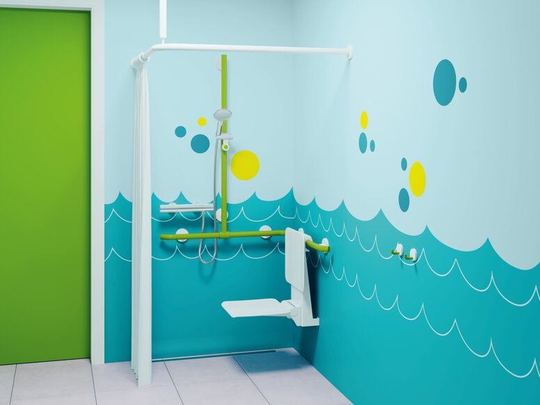 Barrierefreier Duschbereich für Kinder in blau ausgestattet mit HEWI Serie 800 K in grün