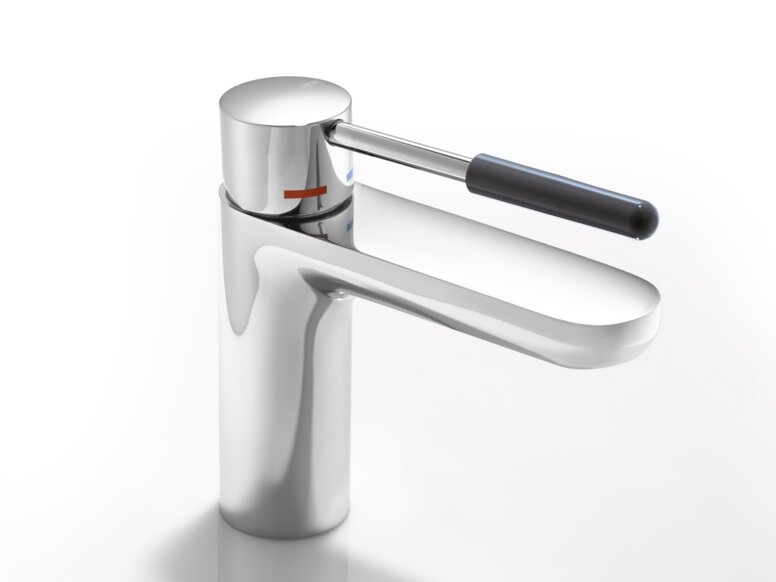 HEWI AQ Single-lever washbasin fitting Tap with lever handle, dark grey synthetic material body and round spout with a chrome-plated surface against a white background