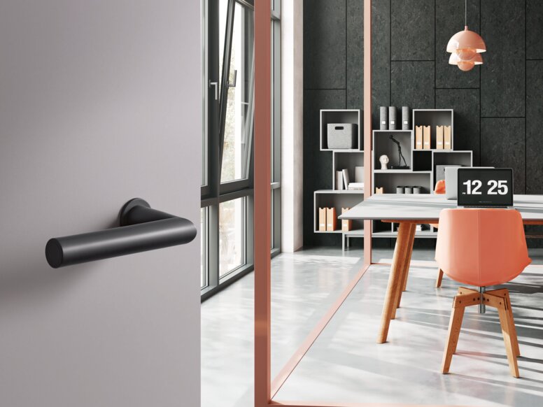 HEWI System 162 lever handle A black synthetic material door handle on a grey door; behind it, an office with a desk and chair in front of a dark grey wall