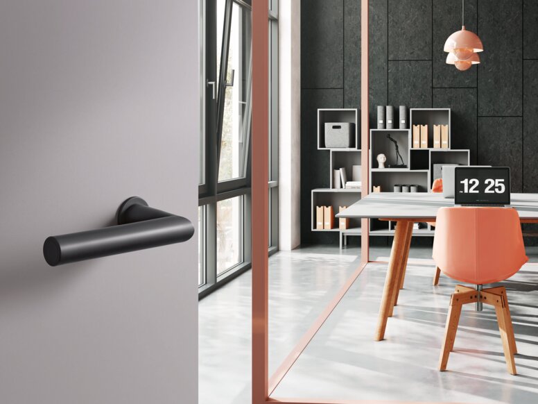 HEWI System 162 lever handle A black synthetic material door handle on a grey door; behind it, an office with a desk and chair in front of a dark grey wall