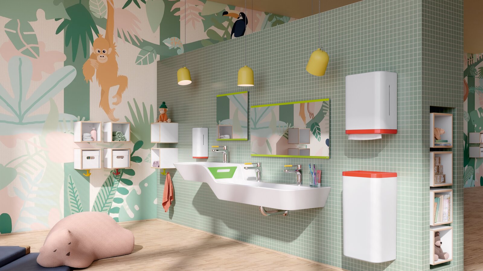 HEWI Range 477 ICONIC Interior Double washbasin with taps and two rectangular mirrors on a section of wall tiled in green in the children’s bathroom