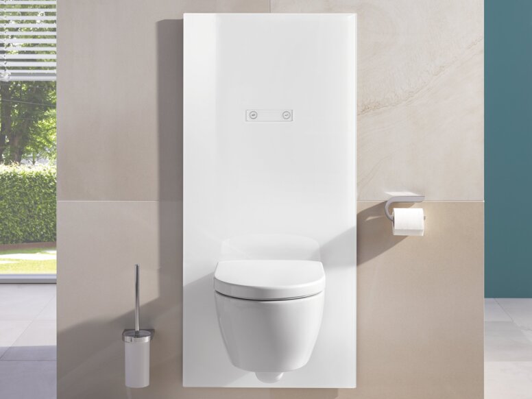 HEWI S 50 WC module White WC module with integrated cistern control panel, toilet brush holder and toilet roll holder next to the toilet