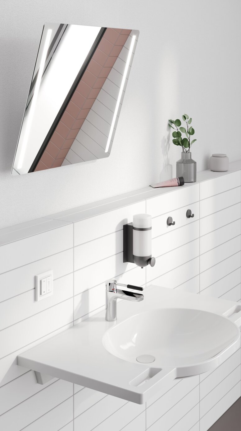HEWI Range 801 Washbasin Washbasin with tap, side handles, soap dispenser, two hooks and an additional soap dispenser above the washbasin area