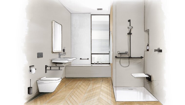 Zeichnung eines barrierefreien Badezimmers mit Waschtisch, WC, Badewanne sowie Dusche mit Klappsitz und Haltegriffen