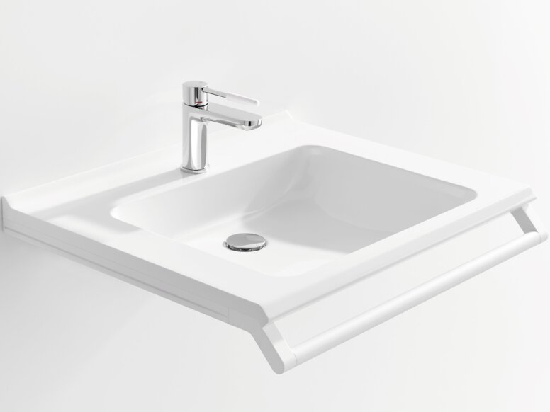HEWI Waschtisch Weißer Waschtisch mit einer rechteckigen Beckenmulde, einem verchromtem Wasserhahn und einem Haltegriff an der Vorderkante