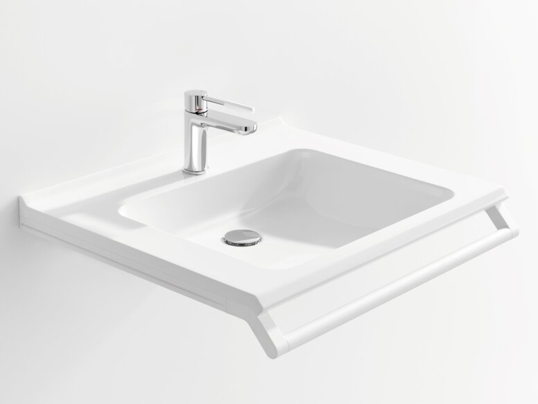HEWI Waschtisch Weißer Waschtisch mit einer rechteckigen Beckenmulde, einem verchromtem Wasserhahn und einem Haltegriff an der Vorderkante