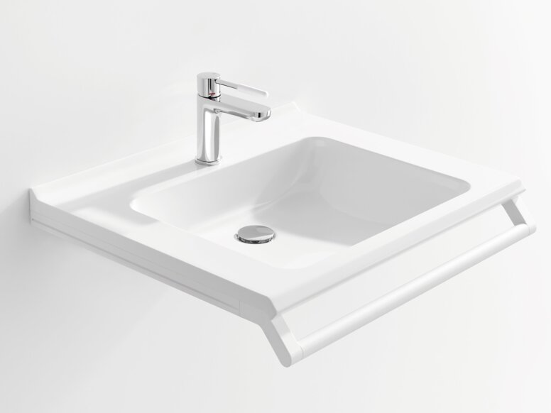White washbasin with a rectangular bowl, a chrome-plated tap and a support rail along the front edge