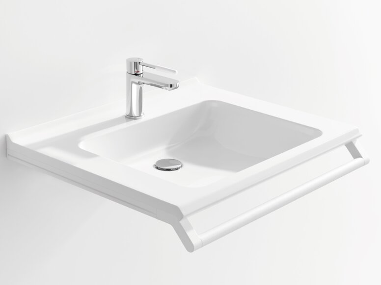 HEWI Waschtisch Weißer Waschtisch mit einer rechteckigen Beckenmulde, einem verchromtem Wasserhahn und einem Haltegriff an der Vorderkante