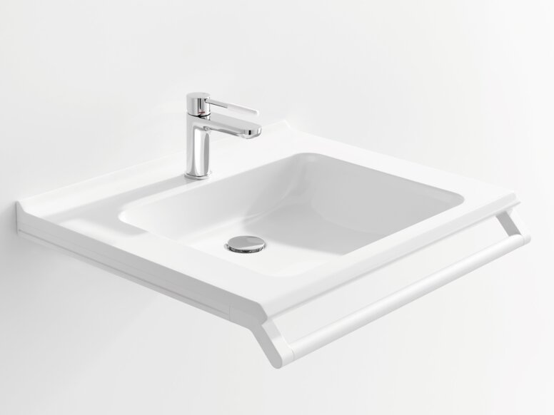 HEWI Waschtisch Weißer Waschtisch mit einer rechteckigen Beckenmulde, einem verchromtem Wasserhahn und einem Haltegriff an der Vorderkante