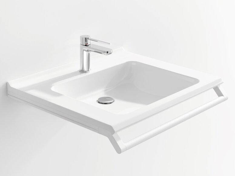 HEWI Waschtisch Weißer Waschtisch mit einer rechteckigen Beckenmulde, einem verchromtem Wasserhahn und einem Haltegriff an der Vorderkante