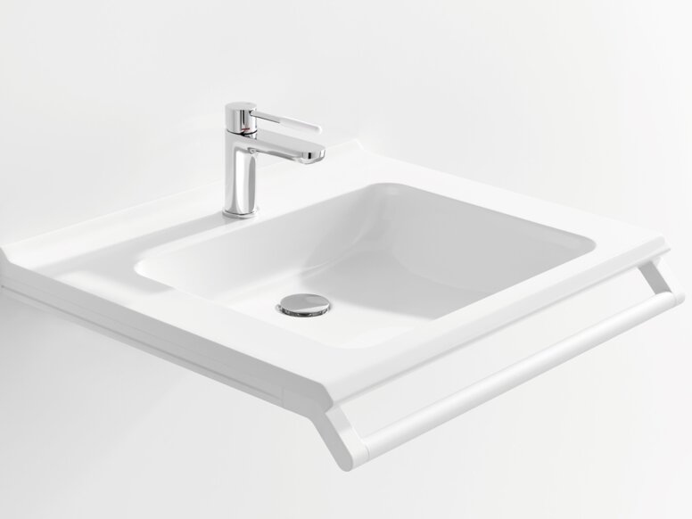 HEWI Waschtisch Weißer Waschtisch mit einer rechteckigen Beckenmulde, einem verchromtem Wasserhahn und einem Haltegriff an der Vorderkante