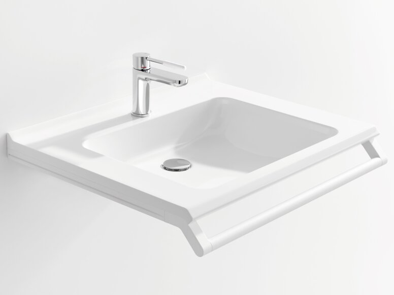 HEWI Waschtisch Weißer Waschtisch mit einer rechteckigen Beckenmulde, einem verchromtem Wasserhahn und einem Haltegriff an der Vorderkante