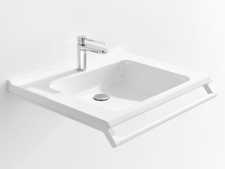 HEWI Waschtisch Weißer Waschtisch mit einer rechteckigen Beckenmulde, einem verchromtem Wasserhahn und einem Haltegriff an der Vorderkante