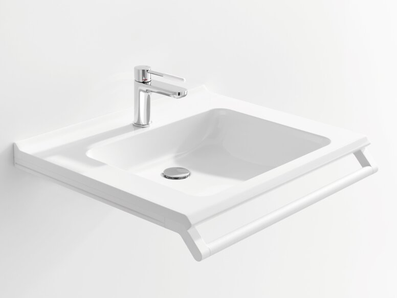 HEWI Waschtisch Weißer Waschtisch mit einer rechteckigen Beckenmulde, einem verchromtem Wasserhahn und einem Haltegriff an der Vorderkante