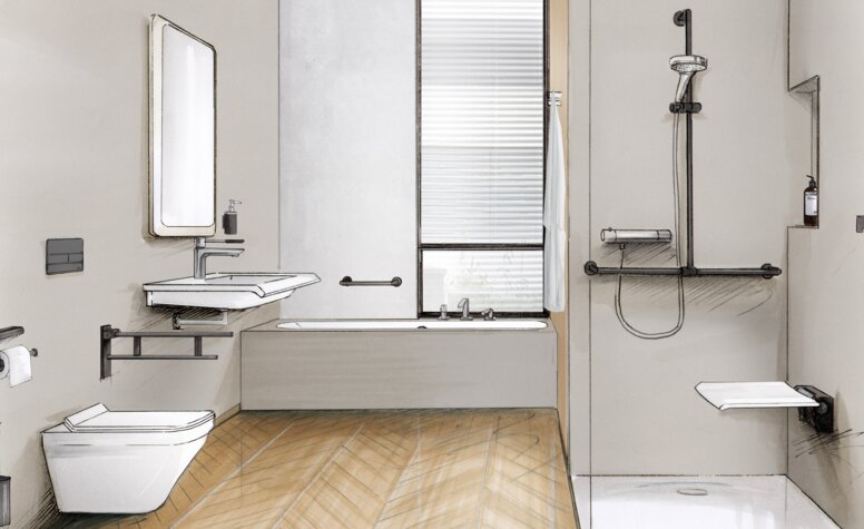 Barrierefreies Badezimmer mit bodengleicher Dusche, unterfahrbarem Waschtisch und Stützklappgriffen – KfW-Förderung Badsanierung möglich. 