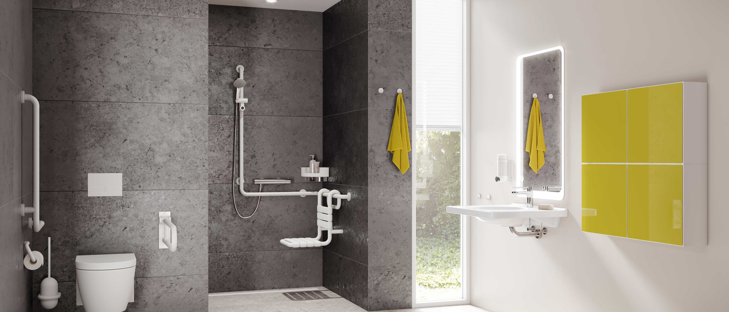 Barrierefreies Bad mit Waschplatz, Duschbereich und WC ausgestattet mit HEWI Serie 477/801 und M40 Schrank
