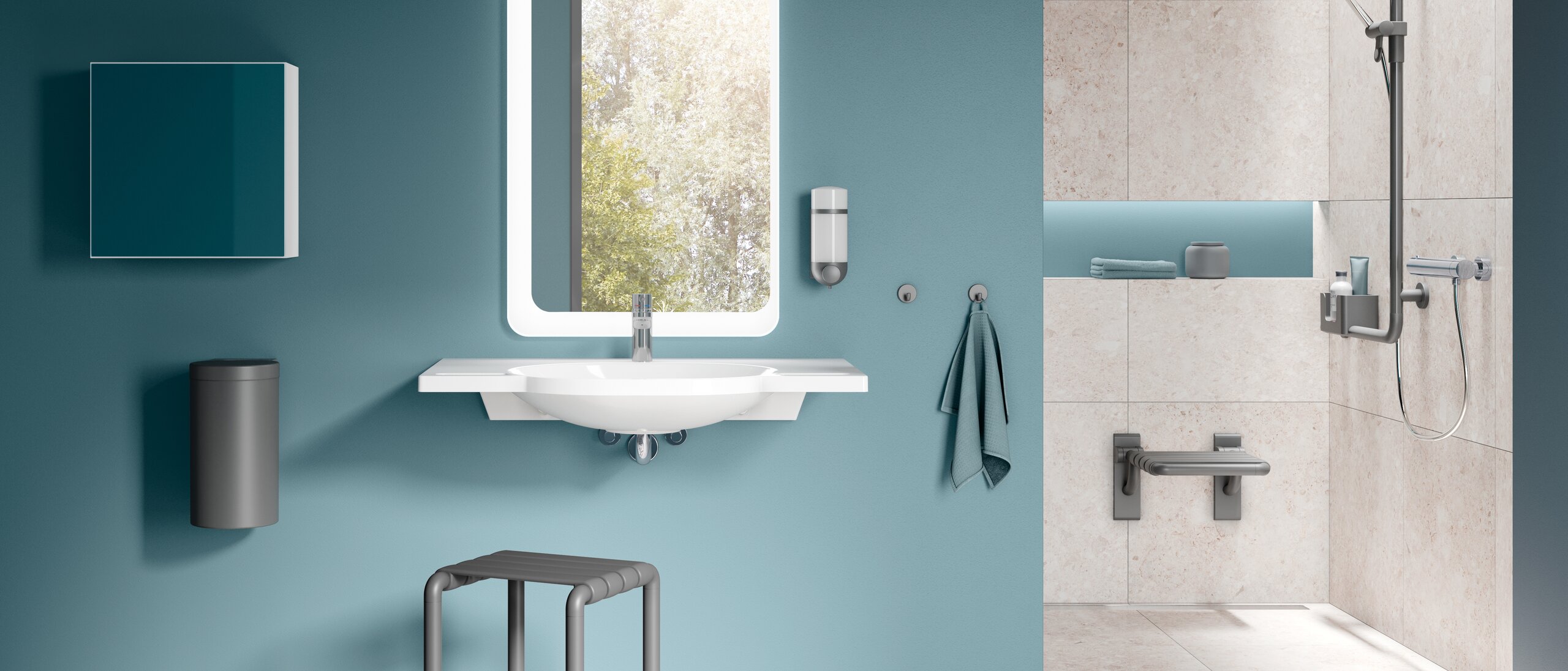 Badezimmer mit Waschtisch, Spiegel und Hocker