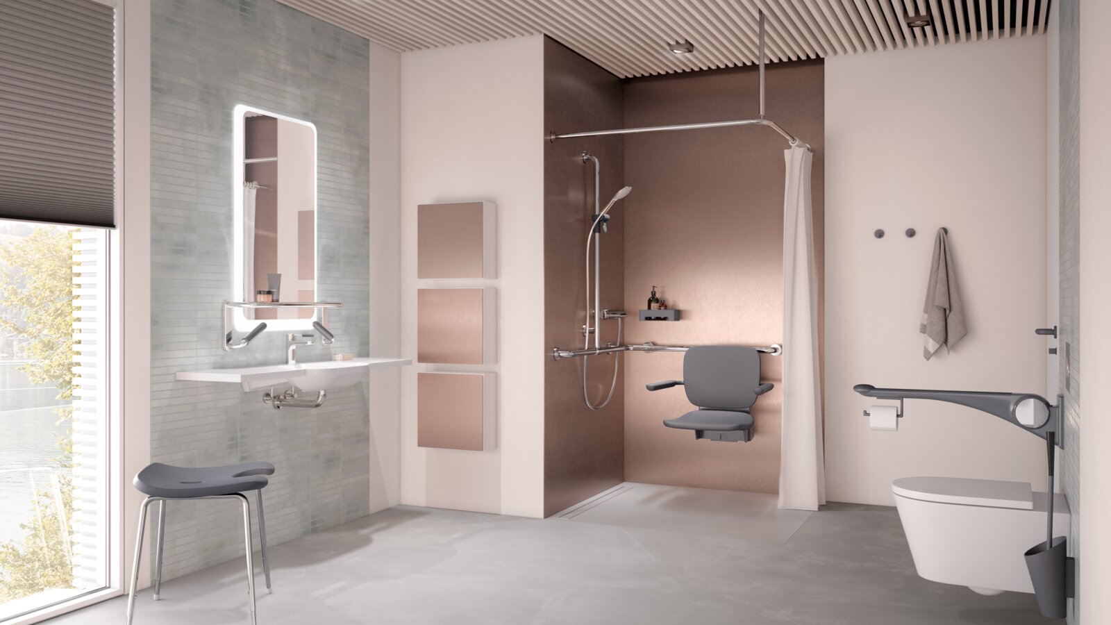 Barrierefreies Pflegebad mit Waschplatz, Duschbereich und WC