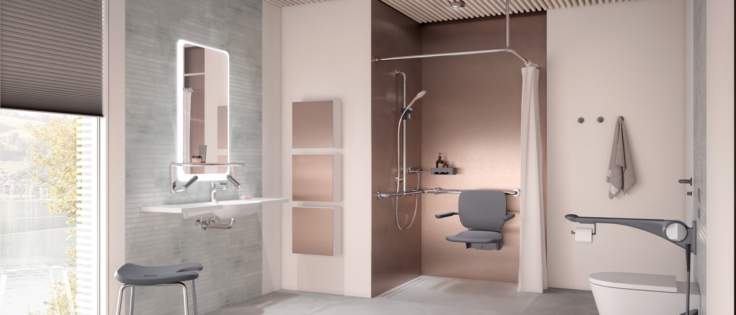 Barrierefreies Pflegebad mit Waschplatz, Duschbereich und WC ausgestattet mit HEWI LiftSystem in Anthrazit