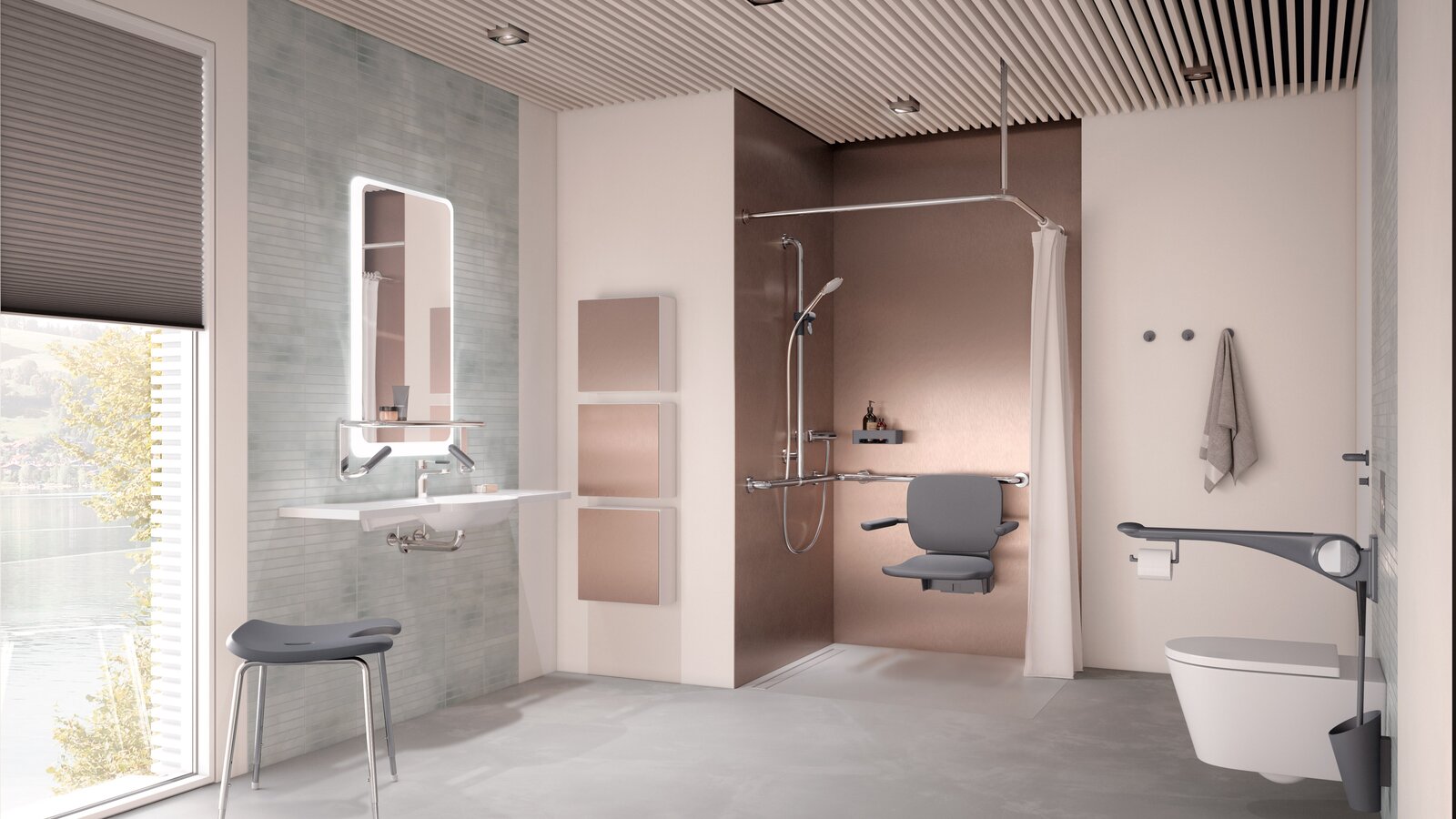 Barrierefreies Pflegebad mit Waschplatz, Duschbereich und WC ausgestattet mit HEWI LiftSystem in Anthrazit