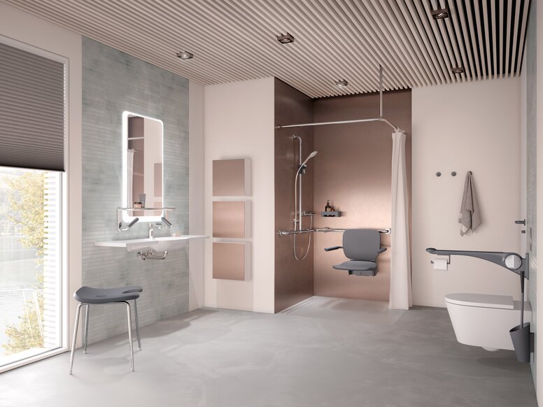 Barrierefreies Bad mit Waschplatz, Duschbereich und WC HEWI ausgestattet mit HEWI LiftSystem in Anthrazit