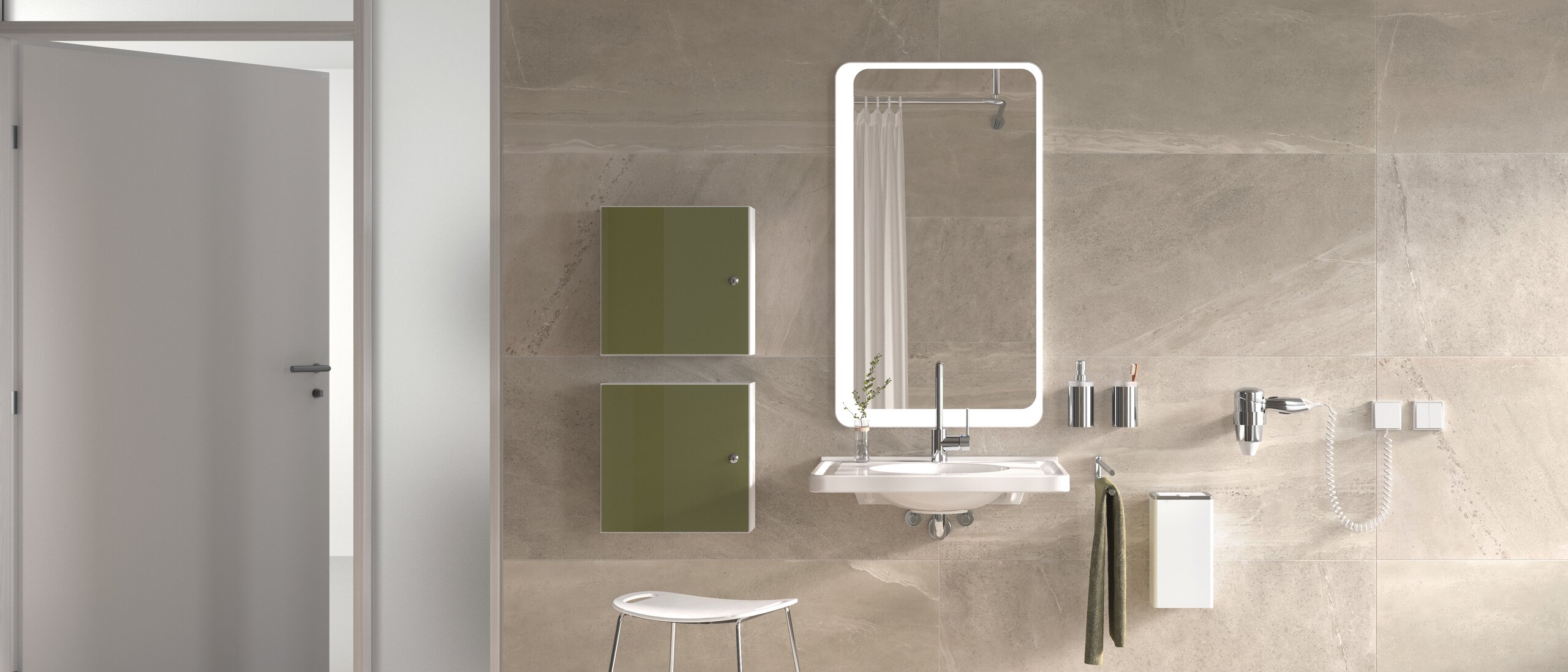 Waschbecken mit Spiegel und Hocker