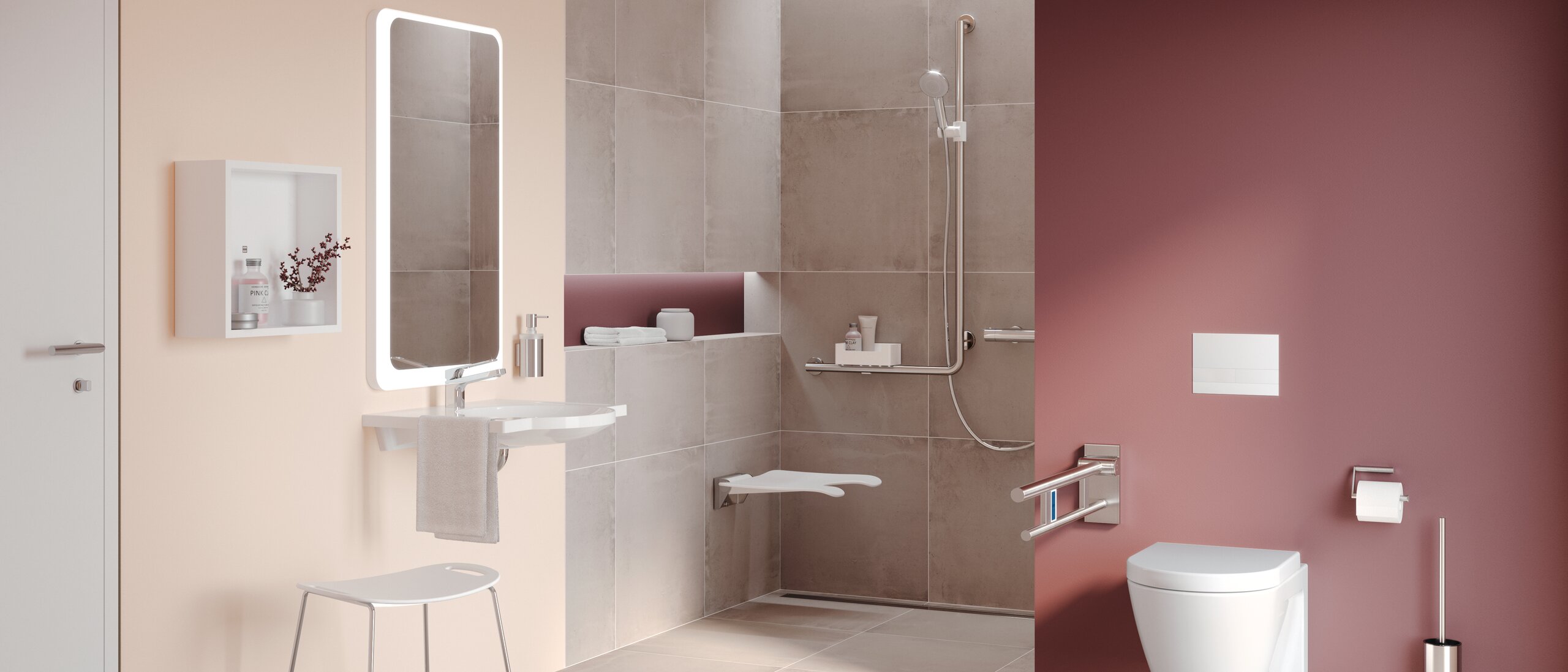 Barrierefreies Bad mit Waschplatz, Duschbereich und WC ausgestattet mit HEWI System 900 Edelstahl