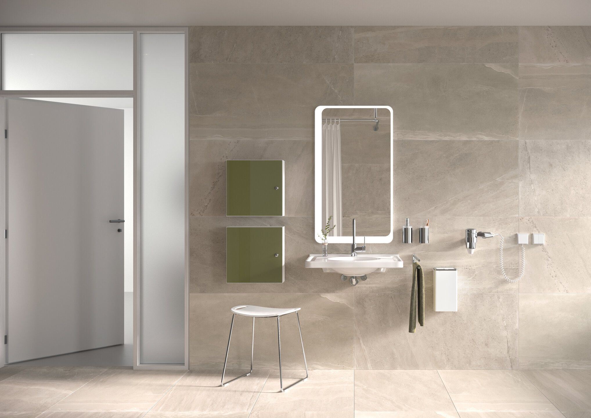 HEWI Badezimmer mit Chrom Waschbecken mit Spiegel und Hocker