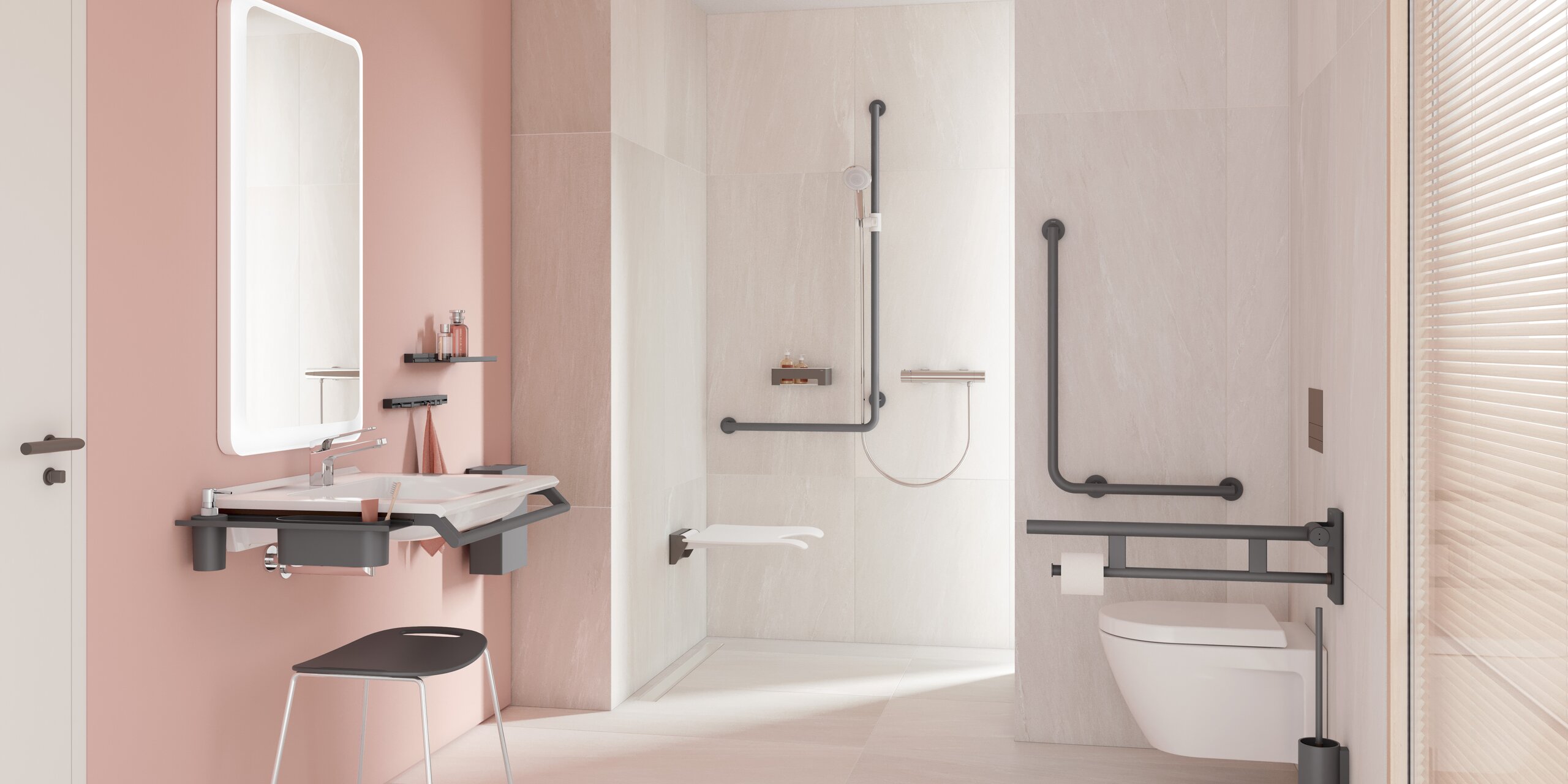 Barrierefreies Badezimmer mit Waschplatz, Duschbereich und WC ausgestattet mit HEWI System 900 in Anthrazit matt