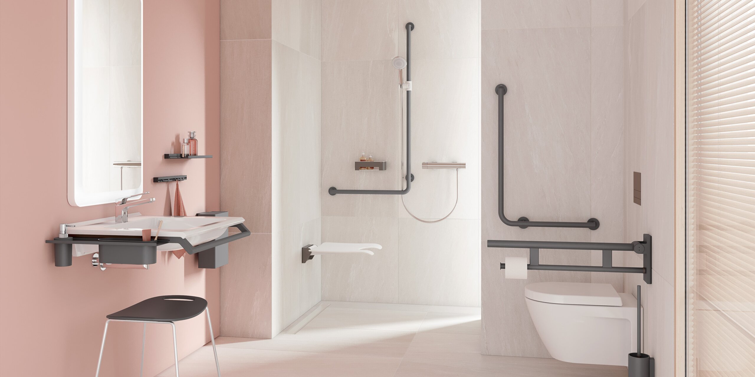 Barrierefreies Bad mit mit Waschplatz, Duschbereich und WC ausgestattet mit HEWI Serie 900 in grau matt