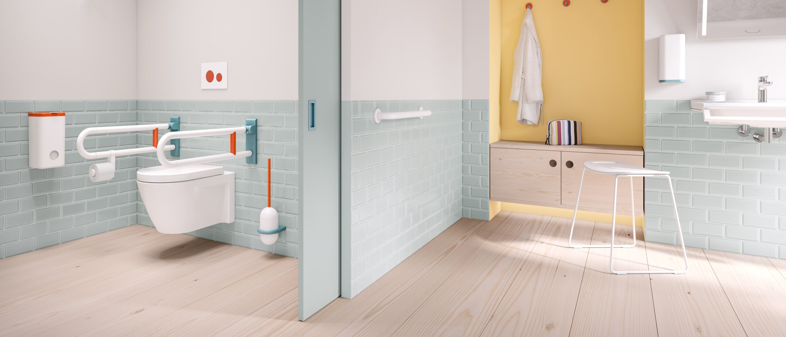 Łazienka bez barier wyposażona w serię HEWI 477/801 w 3 kolorach ICONIC: aqua blue, coral i white