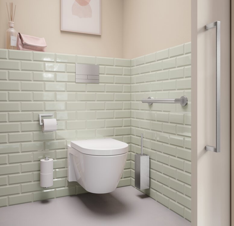 HEWI System 900Q Edelstahl WC-Bereich ausgestattet mit WC-Bürstenhalter, Toilettenpapierhalter und Haltegriff in Edelstahl matt