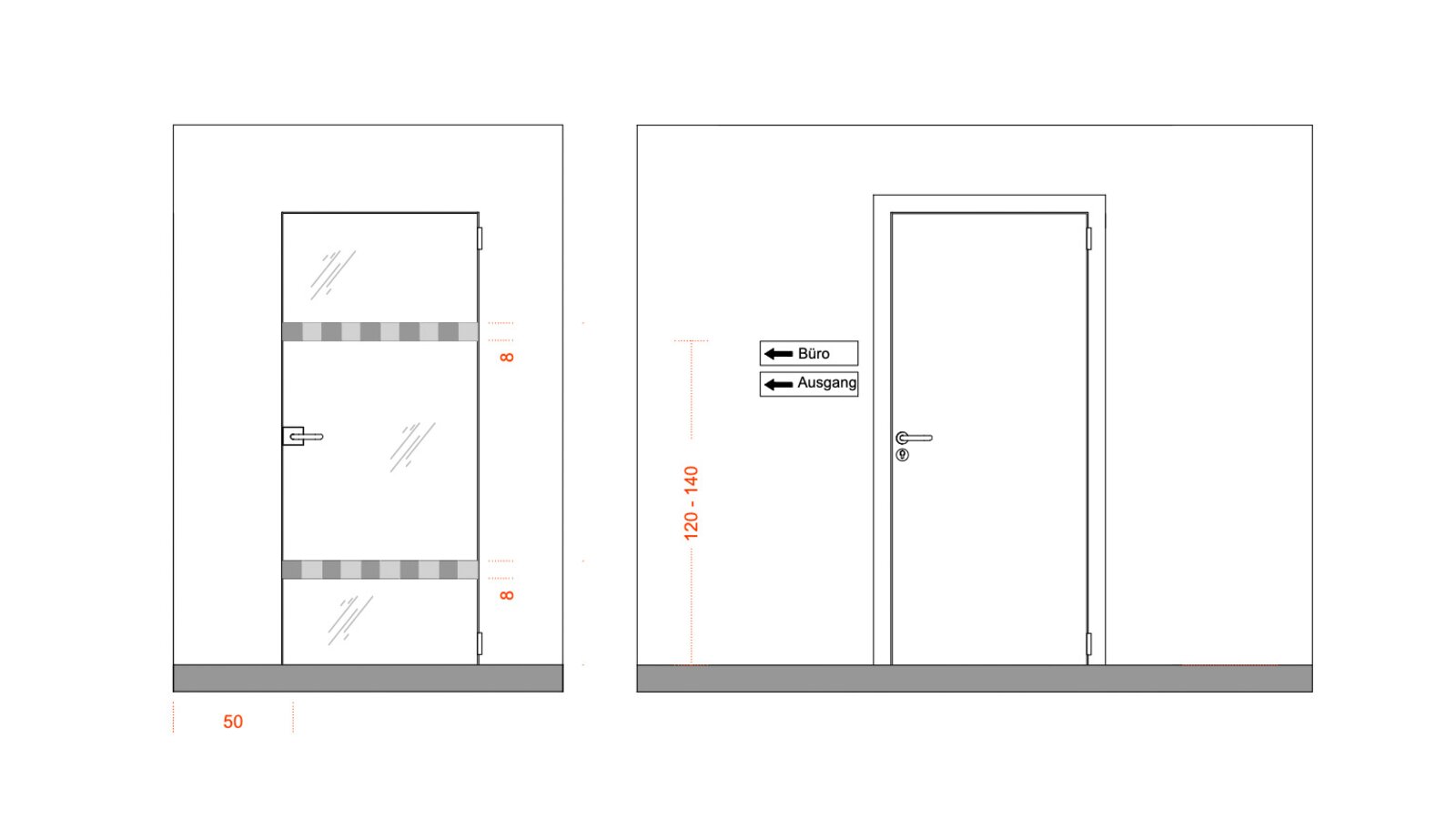 Zeichnung zur barrierefreien Beschilderungen rechts und Kennzeichnung von Glastüren rechts